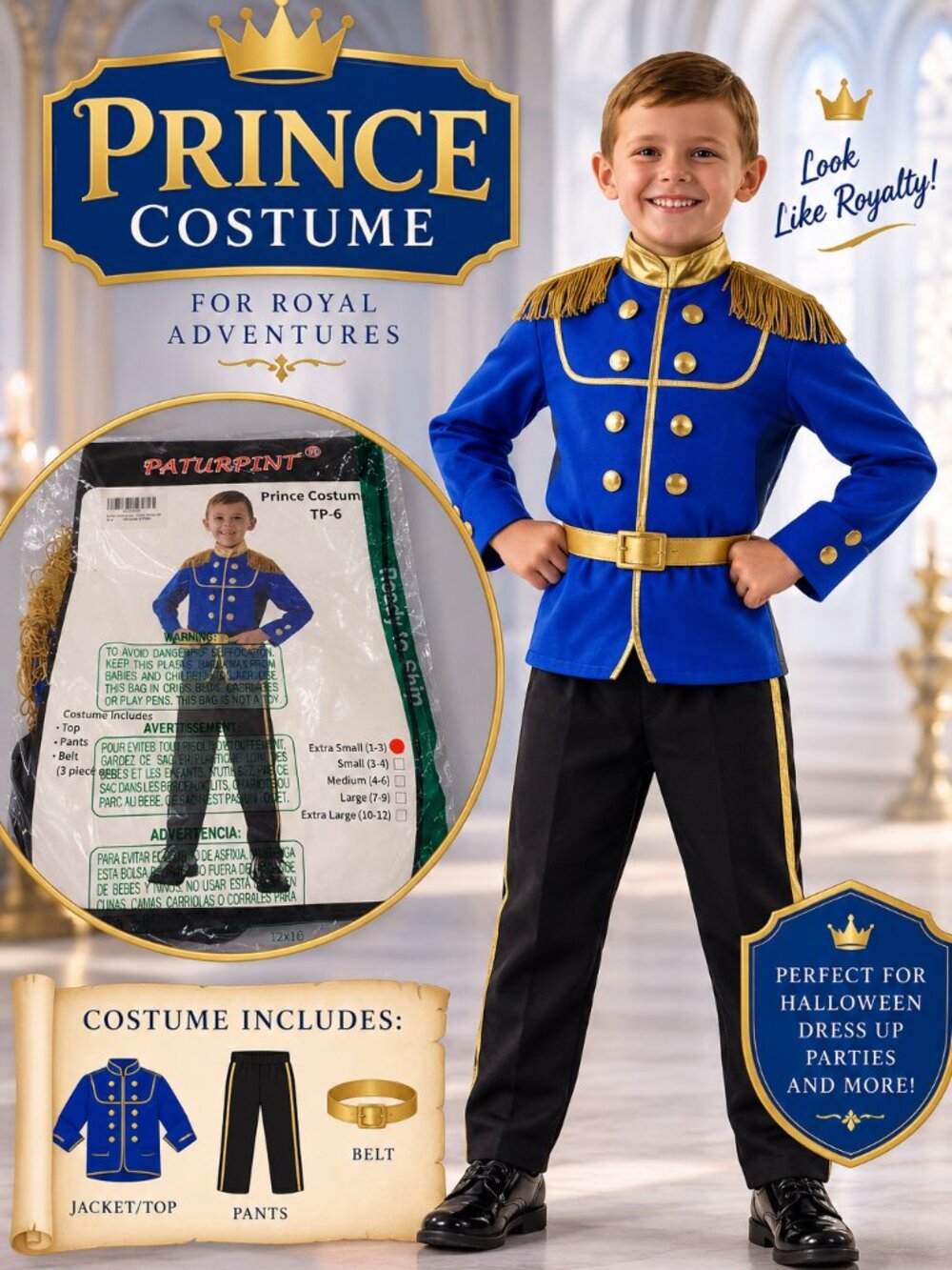 Kids Prince Costume Extra Small 1-3 Royal Blue 3 Piece Halloween Set